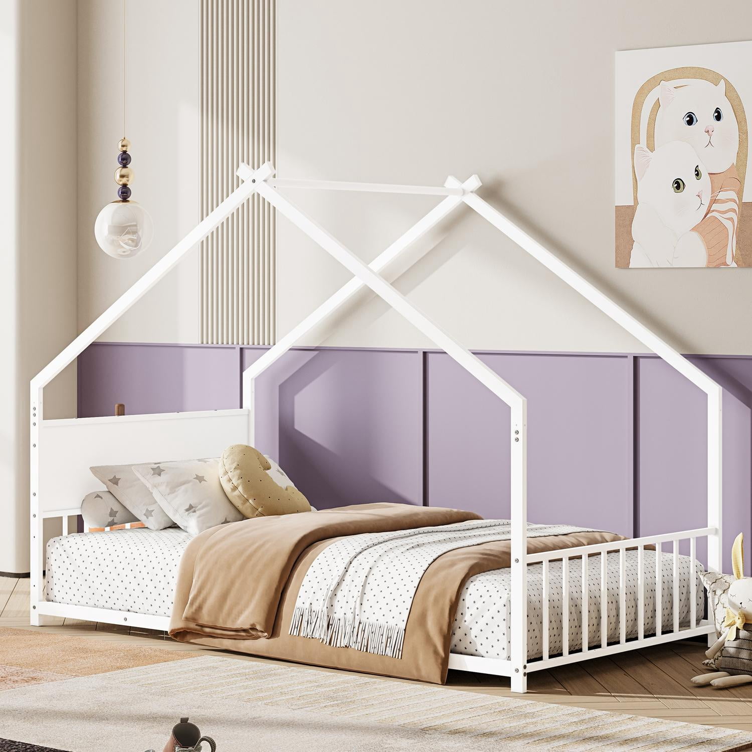 Twin Size House Bed with Roof & Built-In Nightlight, Metal Bed Frame with Slats for All Ages, LED Light Up House Bed for Bedroom, Cozy, White