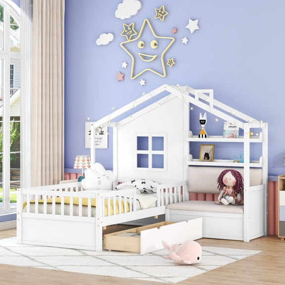 Twin Size House Bed with Sofa, Platform Bed with Two Drawers and Storage Shelf, White