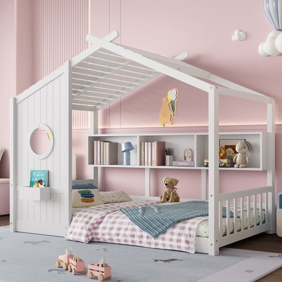 Twin Size House Bed with Storage Shelf, Wood Montessori Floor Bed with Roof, Headboard and Footboard for Toddlers, Boys, Girls, White