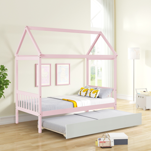 Twin Size House Bed, Wood Platform Bed Frame with Trundle, House Bed Frame with Roof and
