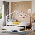 thumbnail image 1 of Twin Size House Bed with Twin Size Trundle, Solid Wood Bed Frame with Roof Headboard and Footboard, Playhouse Bed for Kids Boys Girls, White, 1 of 7