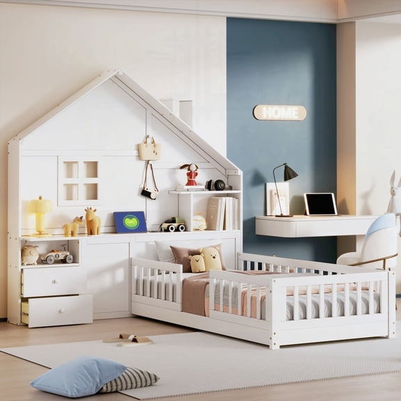 Twin Size House Bed with Window & Drawers, White (LT000422AAK)