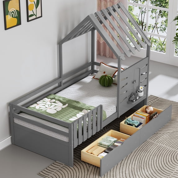 Twin Size House Bed with Window and Roof, Wooden Playhouse Bed Frame with 2 Drawers and Guardrails for Boys Girls, No Box Sping Required, Gray