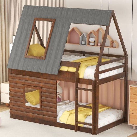 Twin Size House Bunk Bed with Roof, Ladder and Windows, Rustic Farmhouse-Style Wooden Bunk Frame with Sturdy Pine Construction, Safety Guardrails, No Box Spring Needed, Brown