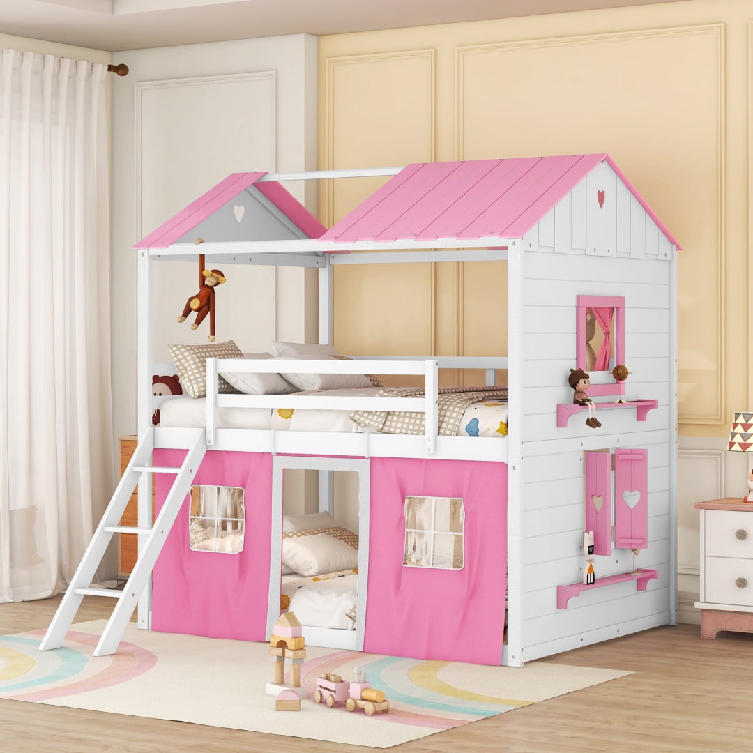 Twin Size House Bunk Bed with Sills and Tent, Wood Bunk Bedframe w ...