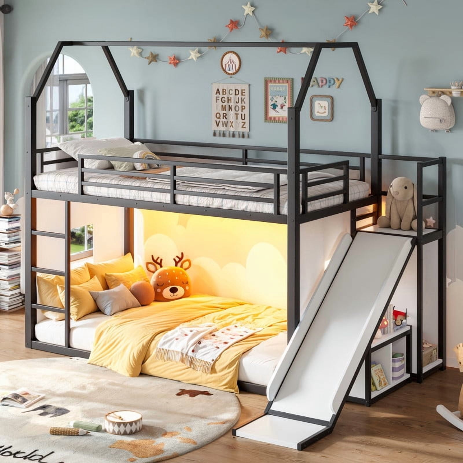 Twin Size House Bunk Bed with Slide, LED Lights, Clothes Rack, Storage Bags & Shelves, Metal Kids Bunk Bed with Guardrails, Playhouse Design, No Box Spring Needed