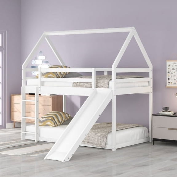 Twin Size House Bunk Bed with Slide & Ladder, Pitched Roof Design, Sweetheart Window, Solid Pine Construction, Full-Length Guardrails, No Box Spring Needed, White