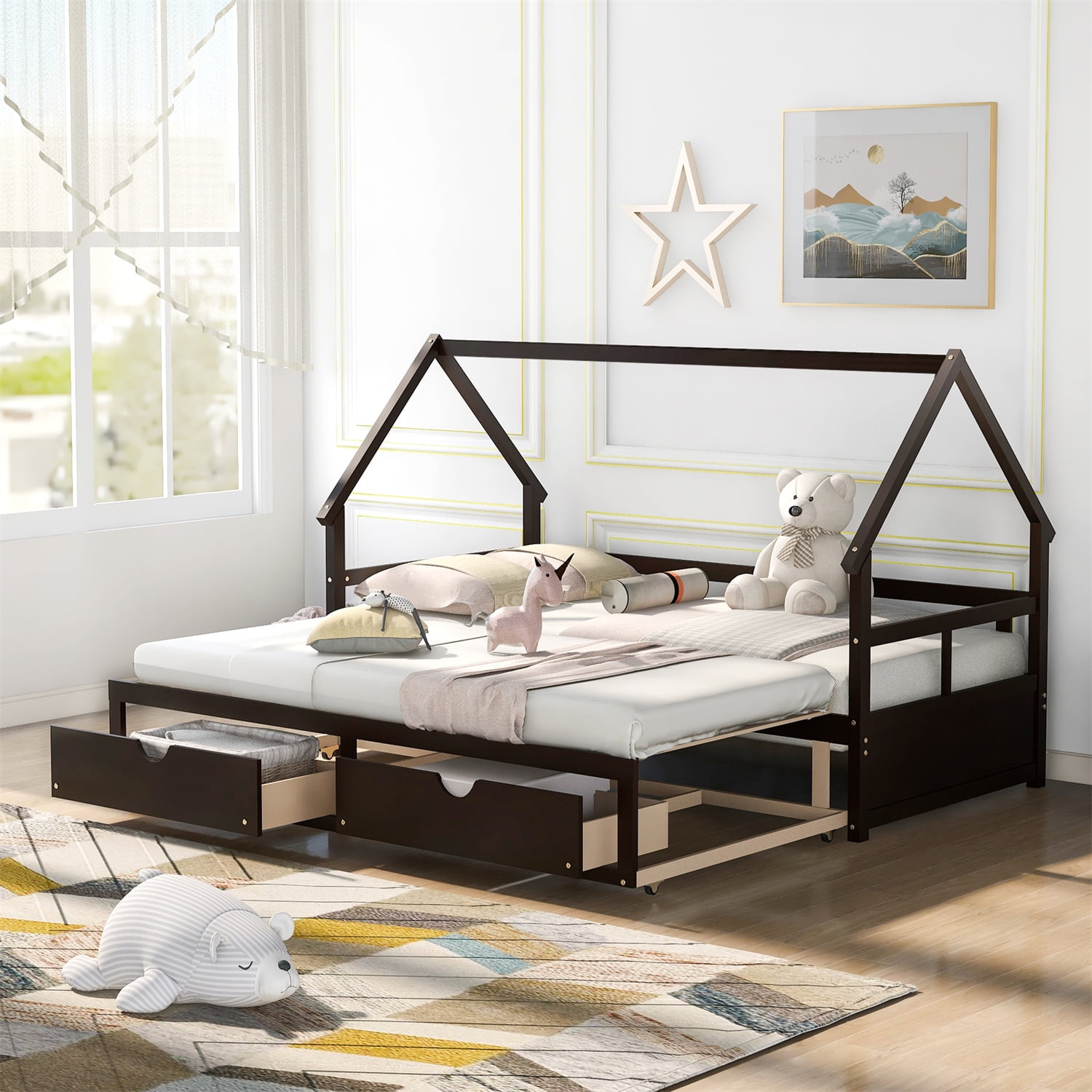 Churanty Twin to King Wooden Daybed with Twin Size Trundle Bed and Two  Storage Drawers, Extendable Bed Frame, Sofa Bed for Bedroom Living Room,  Espresso 