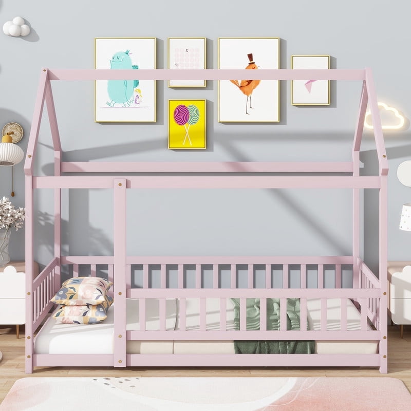 Twin Size House Floor Bed Frame,Wooden Montessori Floor Bed with Fence ,Pink