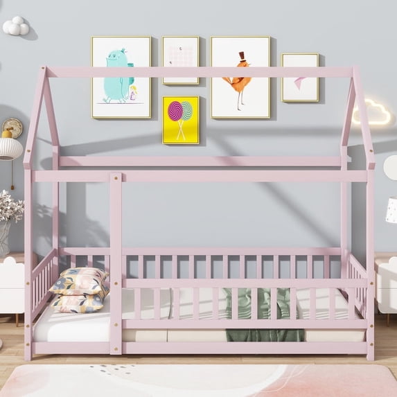 Twin Size House Floor Bed Frame,Wooden Montessori Floor Bed with Fence ,Pink