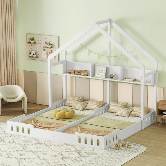 Twin Size House Floor Bed with Roof, Wood Double Twin Beds with Shelves and Guardrail for 2 Kids, Two Shared Beds Montessori Bed Frame, House Platform Bed for Girls Boys, Creamy White