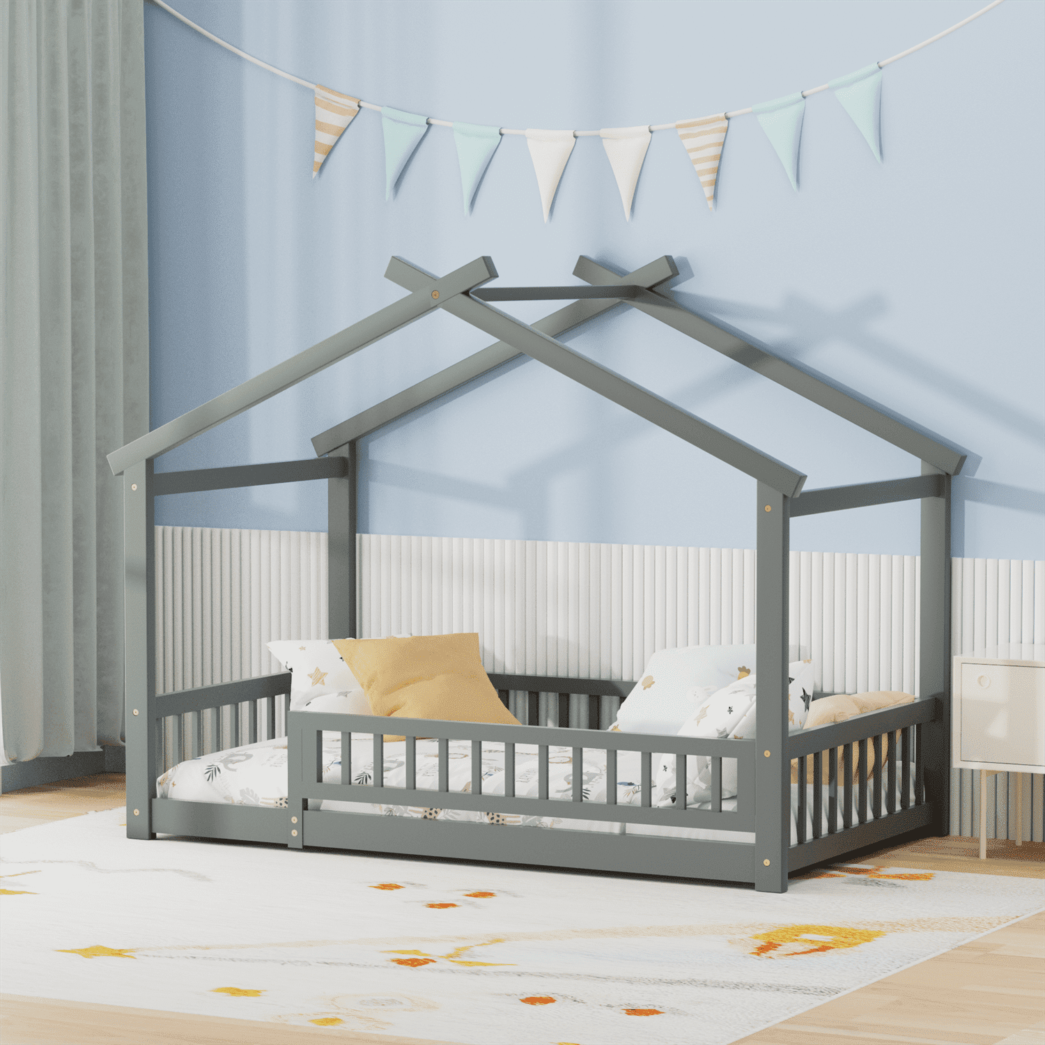 Twin Size House Floor Bed with Roof, Wooden Montessori Floor Bed Frame with Safety Fence and Wooden Slats, Montessori House Floor Bed for Boys and Girls, Gray
