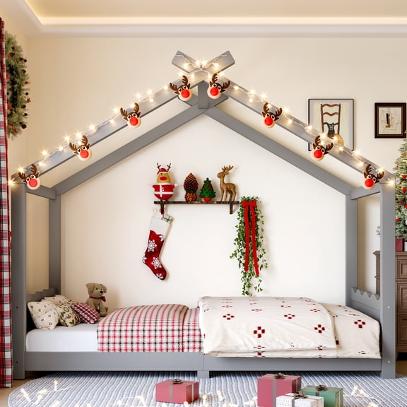 Twin Size House Floor Bed, Unique Low Profile House Bed Frame with Support Slats, No Box Spring Needed, Solid Wood Construction, Gray