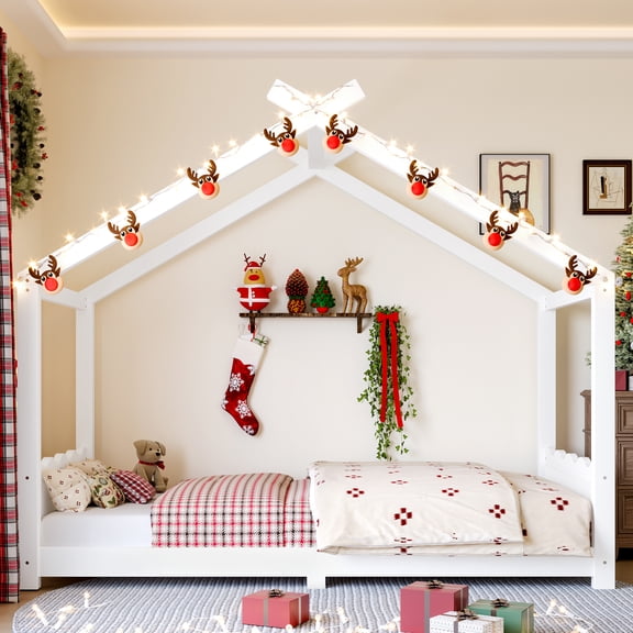 Twin Size House Floor Bed, Unique Low Profile House Bed Frame with Support Slats, No Box Spring Needed, Solid Wood Construction,Light White