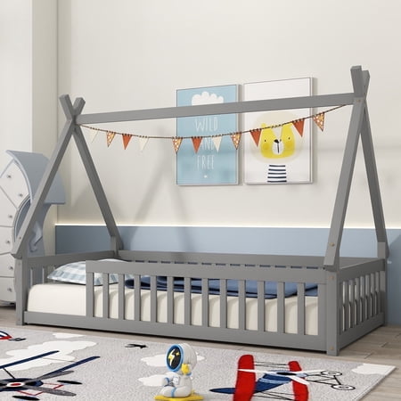 Twin Size House Floor Bed, Wood Montessori Bed Frame with Fence Guardrails, House Beds Frame No Box Spring Needed(Twin,Gray)