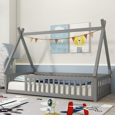 Twin Size House Floor Bed, Wood Montessori Bed Frame with Fence Guardrails, House Beds for Toddler Kids Girls Boys（Twin,Gray)