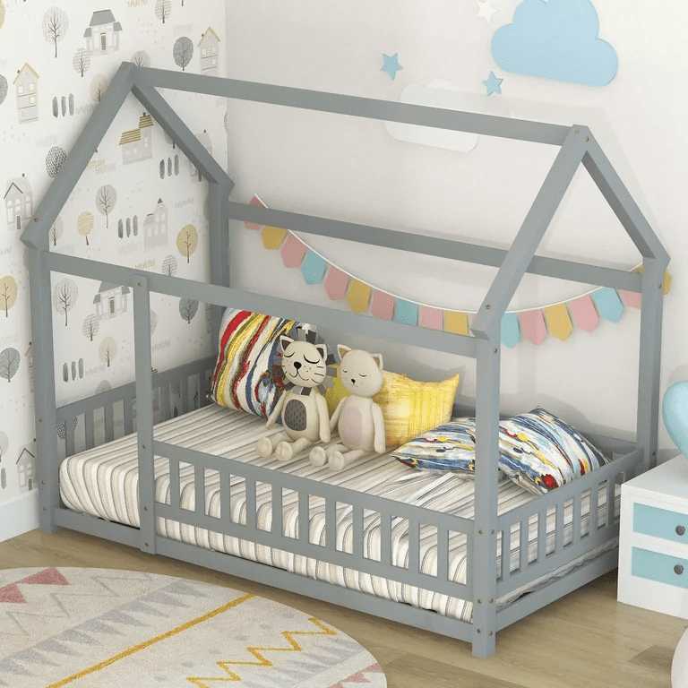 Twin Size House Bed, Solid Wood Floor Bed Frame