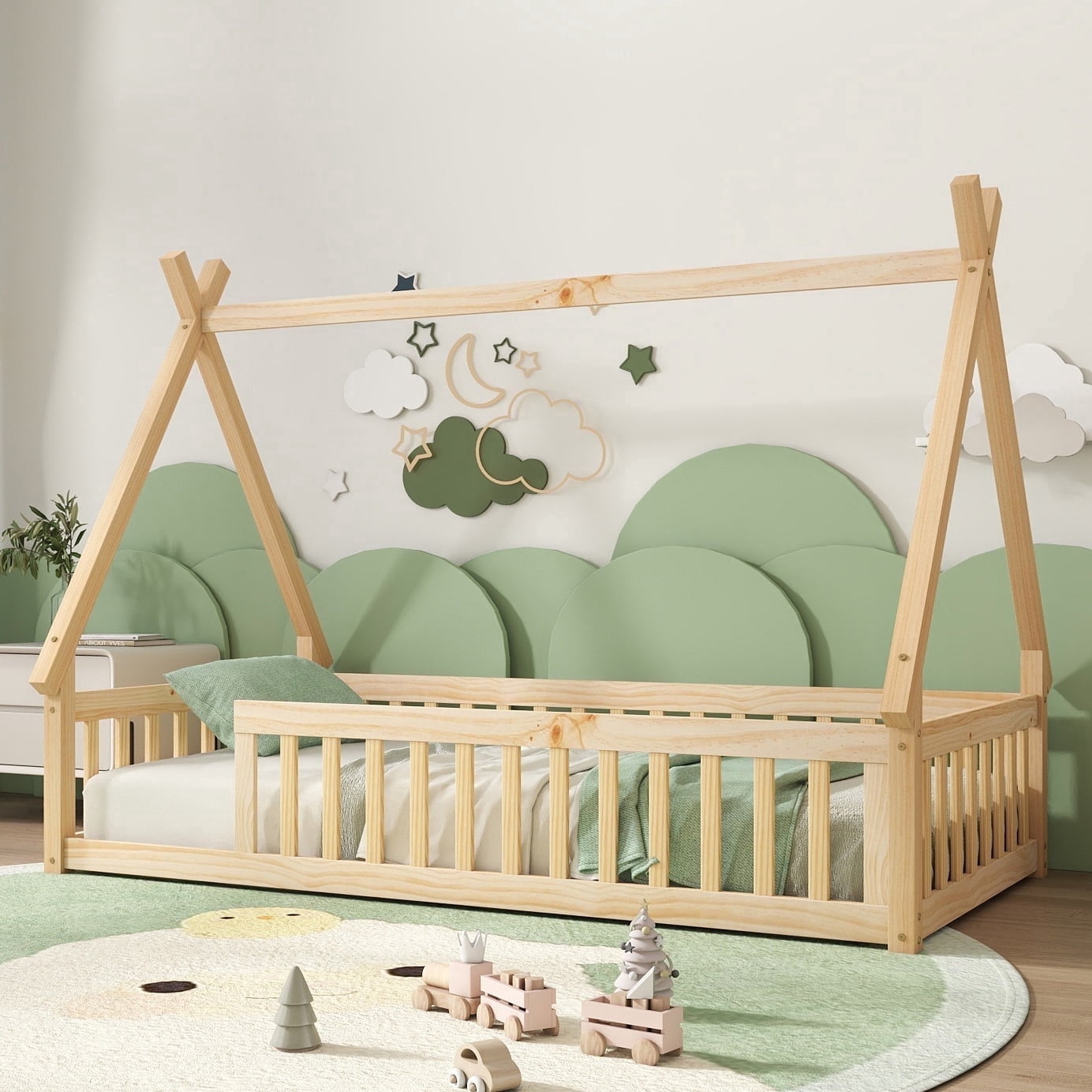 Twin Size House Floor Bed, Wood Montessori Bed Frame with Fence Guardrails, House Beds Frame (Twin,Natural)