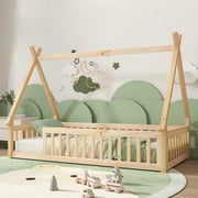 Twin Size House Floor Bed, Wood Montessori Bed Frame with Fence Guardrails, House Beds Frame Twin,Natural