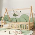 thumbnail image 1 of Twin Size House Floor Bed, Wood Montessori Bed Frame with Fence Guardrails, House Beds for Toddler Kids Girls Boys（Twin,Natural), 1 of 9