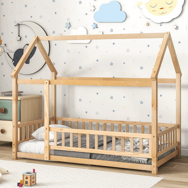 Twin Size House Floor Bed, Wood Montessori Bed Frame with Fence