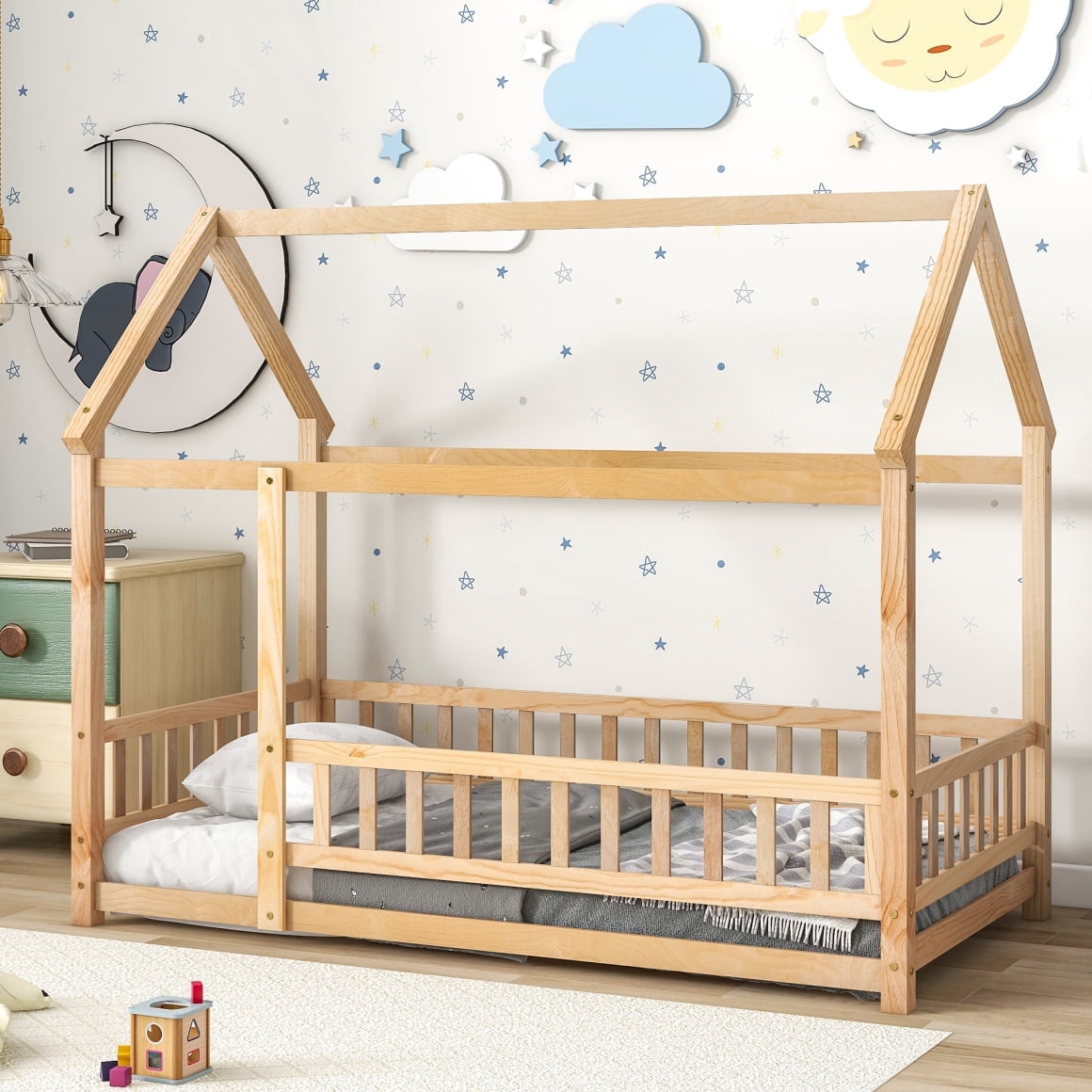 Twin Size Floor Bed Frame, Montessori Floor Bed with House Roof Frame and Fence Guardrails, Natural