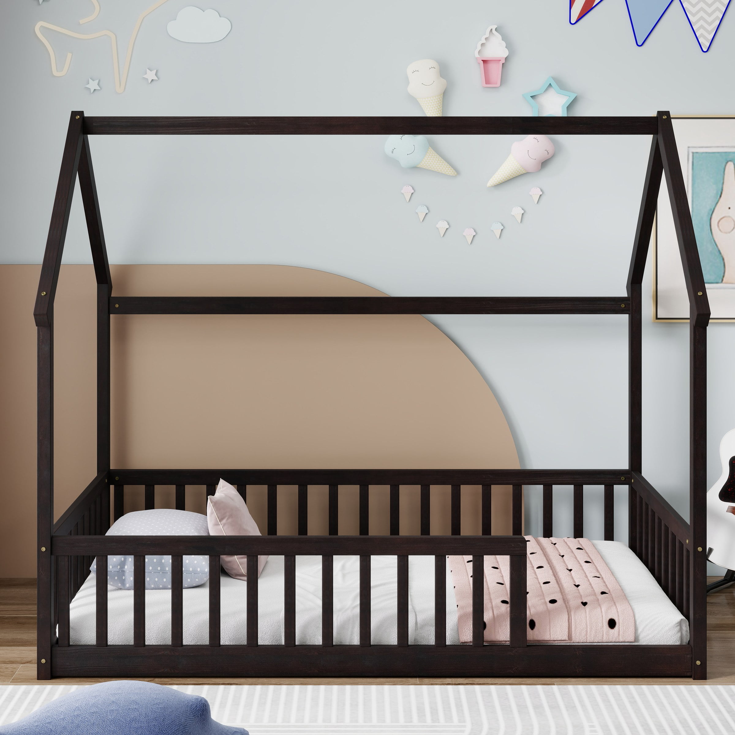 Twin Size House Floor Bed with Roof Frame, Pine Wood Floor Bed with Safety Guardrails, Espresso