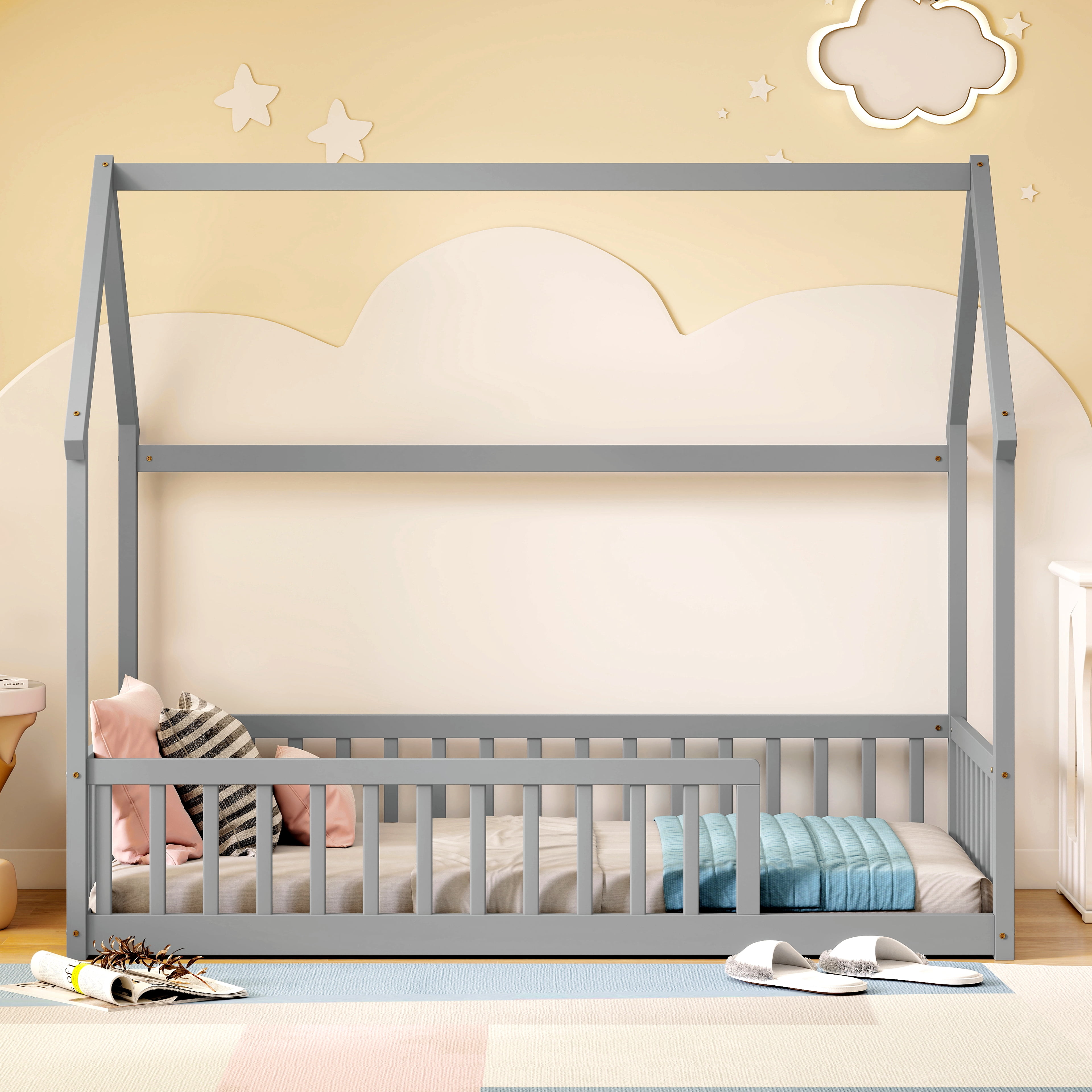Twin Size House Floor Bed with Roof Frame, Pine Wood Floor Bed with Safety Guardrails, Grey