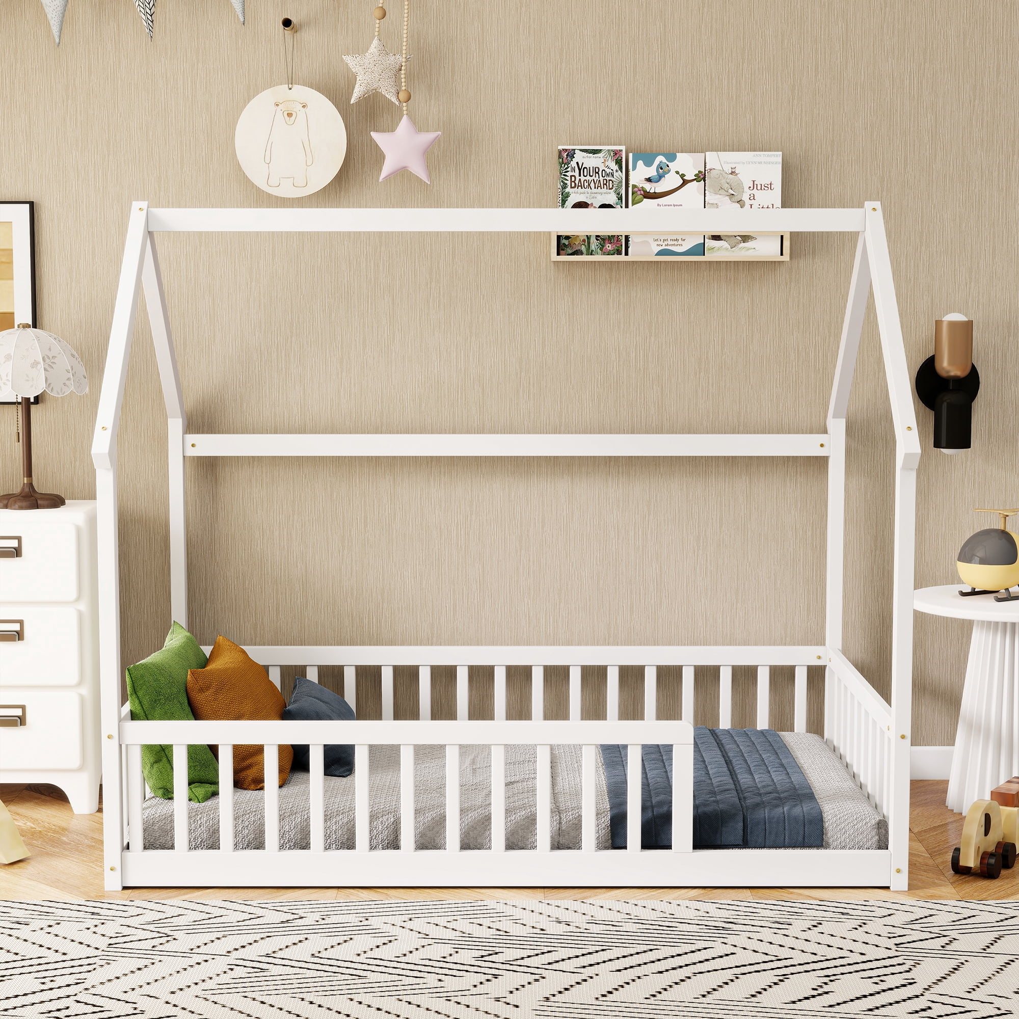 Twin Size House Floor Bed with Roof Frame, Pine Wood Floor Bed with Safety Guardrails, White