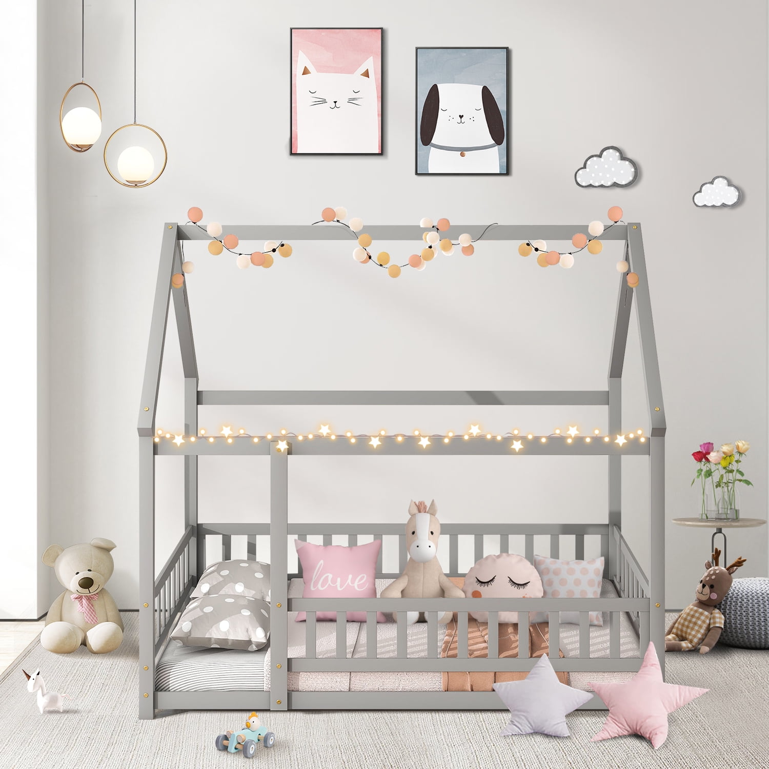 Twin Size House Floor Bed with Roof, Wooden Floor Bed Frame with Door Frame and Safety Fence, Montessori House Floor Bed for Boys and Girls, Grey