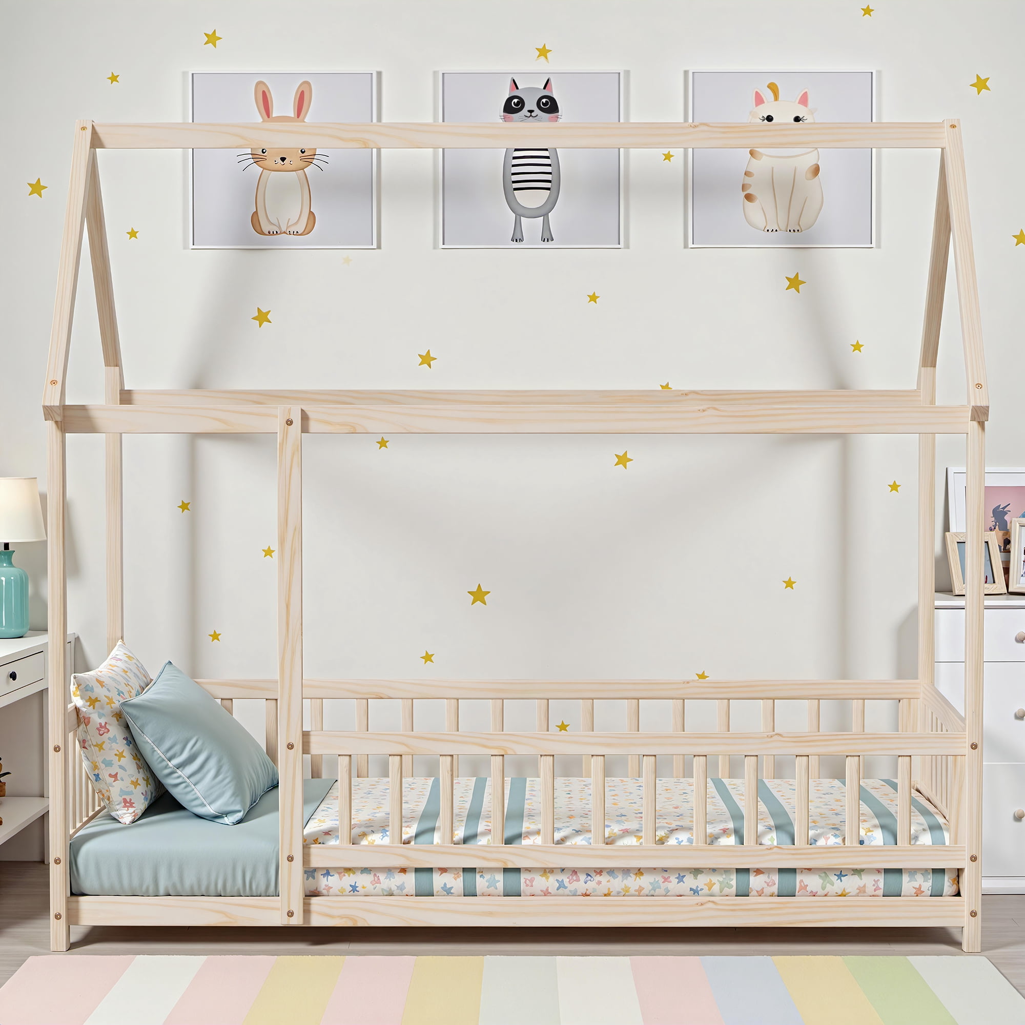 Twin Size House Floor Bed with Roof, Wooden Floor Bed Frame with Door Frame and Safety Fence, Montessori House Floor Bed for Boys and Girls, Natural