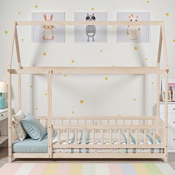 Twin Size House Floor Bed with Roof, Wooden Floor Bed Frame with Door Frame and Safety Fence, Montessori House Floor Bed for Boys and Girls, Natural