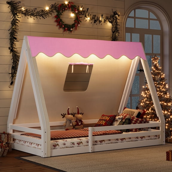 Twin Size House Floor Bed with Tent & Light, Solid Wood Teepee Frame, Full-Length Guardrails, White & Pink