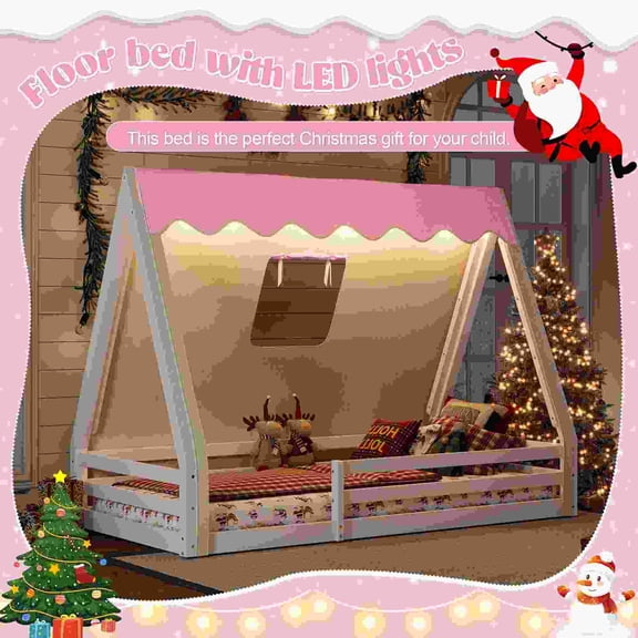 Twin Size House Floor Bed with Tent and Light, Solid Wood Teepee Bed with Full-Length Guardrails, Montessori Childlike Design, White+Pink