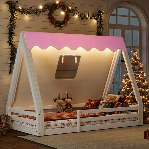 Twin Size House Floor Bed with Tent and Light, Solid Wood Teepee Floor Bed with Full-length Guardrails, Montessori and Childlike Design, White+Pink