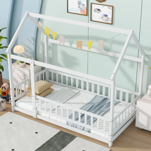 Twin Size House Floor Wooden Bed Frame with Roof and Fence, Safety Guardrails, White
