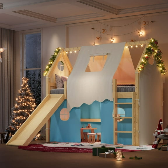 Twin Size House Loft Bed with Sills and Tents, Solid Wood Loft Bed with Ladders and Slide, Chic Design with Lights, No Box Spring Needed, Natural+Blue
