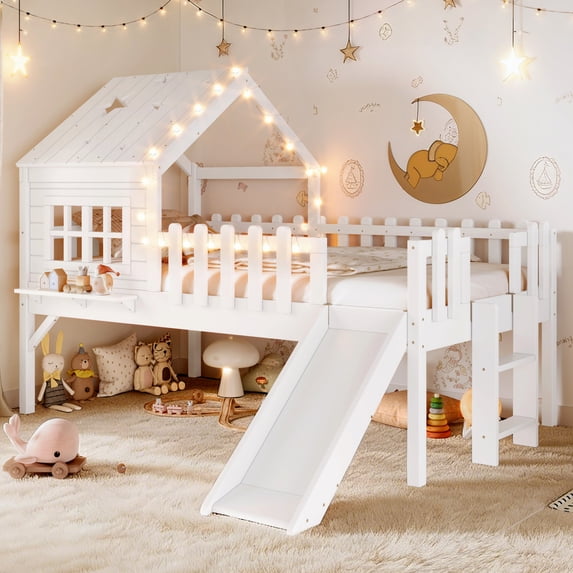 Twin Size House Loft Bed with Slide,Playhouse Bed with Star Moon-shaped Designs and Window, Chic Design with LED Lights,No Box Spring Needed,White