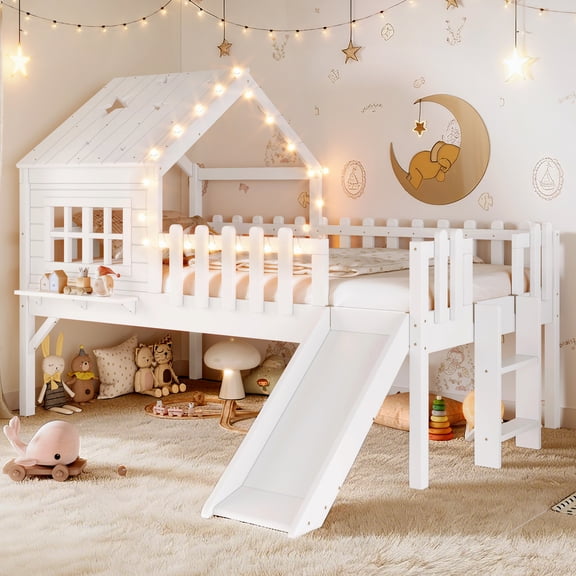 Twin Size House Loft Bed with Slide,Playhouse Bed with Star-shaped Designs and Window, Chic Design with LED Lights,No Box Spring Needed,White