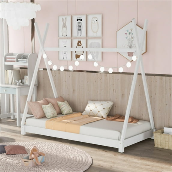 Twin Size House Platform Bed with Triangle tructure, Solid Wood Floor Bed Platform Bed Frame with X-Shaped Safety Railings, Montessori Bed for Boys Girls, Can be Decorated, No Box Spring Needed, White
