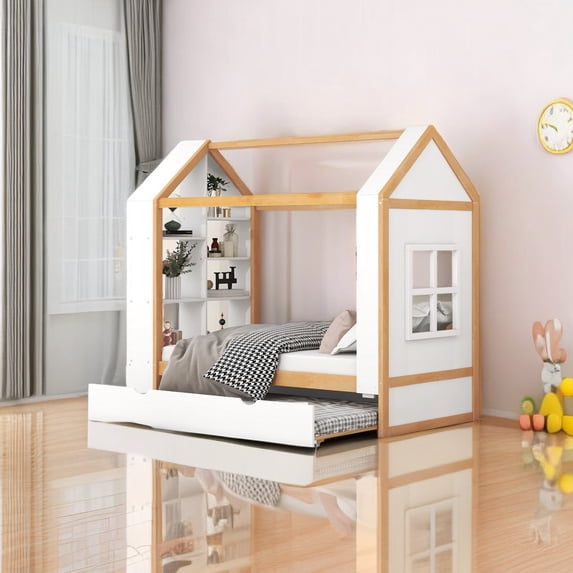 Twin Size House Platform Bed with Storage Shelves, Wooden Bed Frame with Trundle
