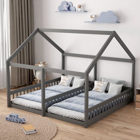 Twin Size House Platform Beds,Two Shared Beds, Gray