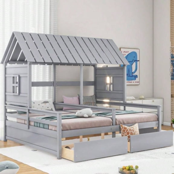 Twin Size House Platform Beds with Two Drawers and Shared Beds, Combination of 2 Side by Side Twin Size Beds, Gray