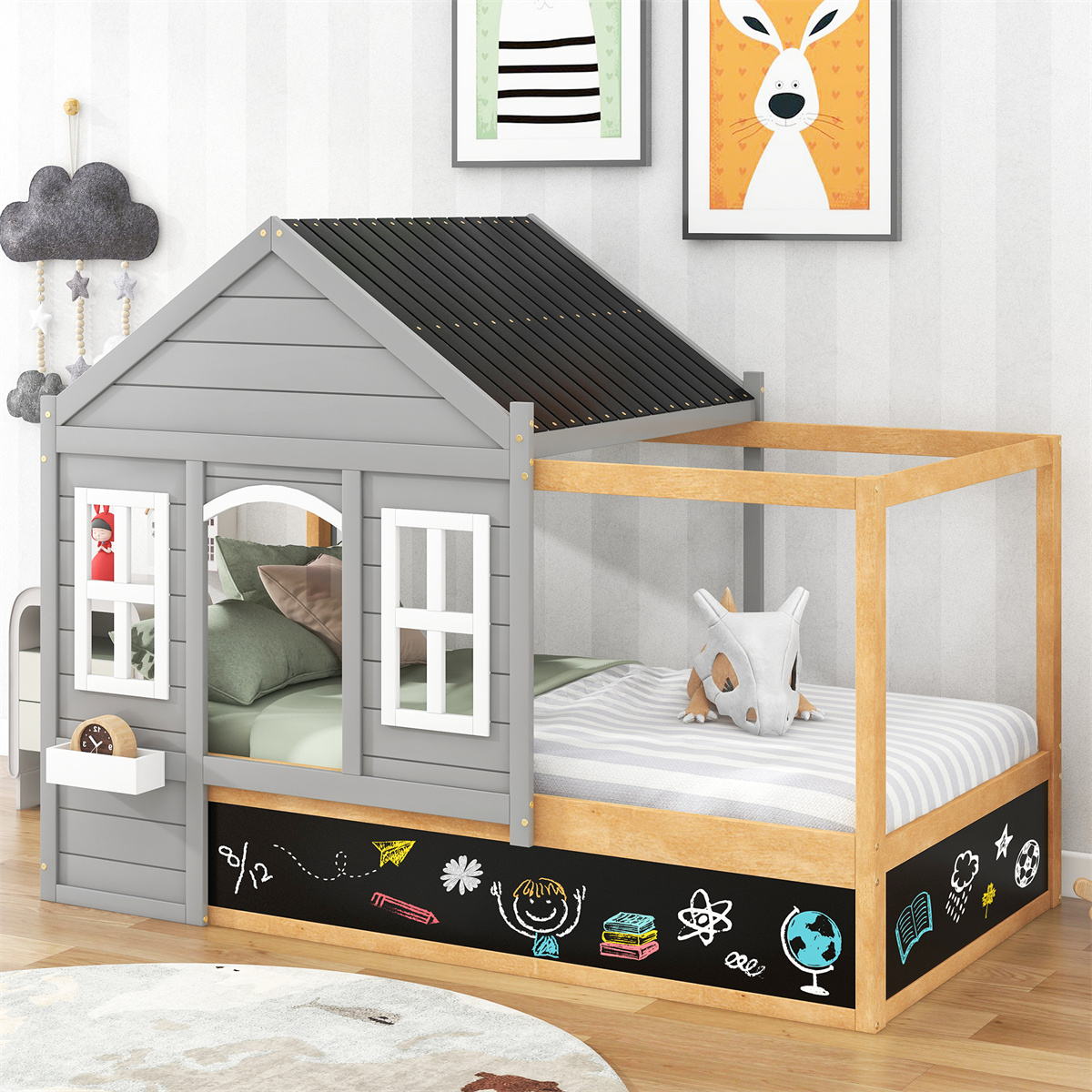 Twin Size House Shaped Canopy Bed with Black Roof and White Window