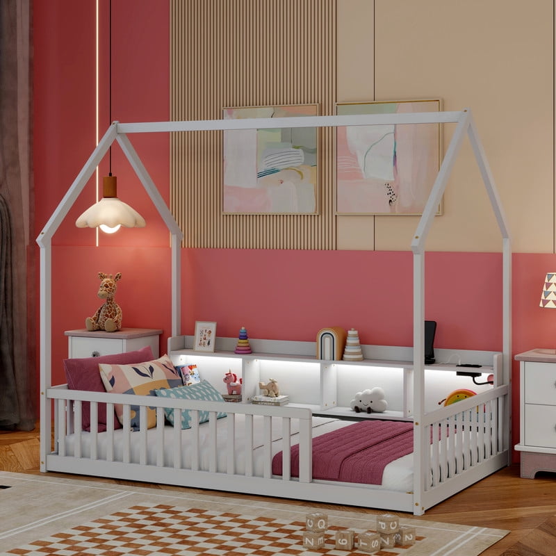 Twin Size House-Shaped Canopy Bed with Roof, Wood Kid's Floor Bed Frame with Storage Shelves, LED Lights & Charging Station