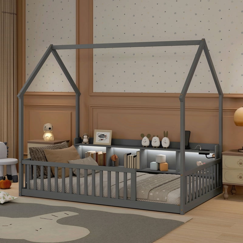 Twin Size House-Shaped Canopy Bed with Roof, Wood Kid's Floor Bed Frame with Storage Shelves, LED Lights & Charging Station