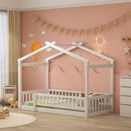 Bellemave Full Size House Floor Bed With Fence & Roof – Montessori Wooden Bed Frame For Kids, Low Height, Playhouse Design (White)
