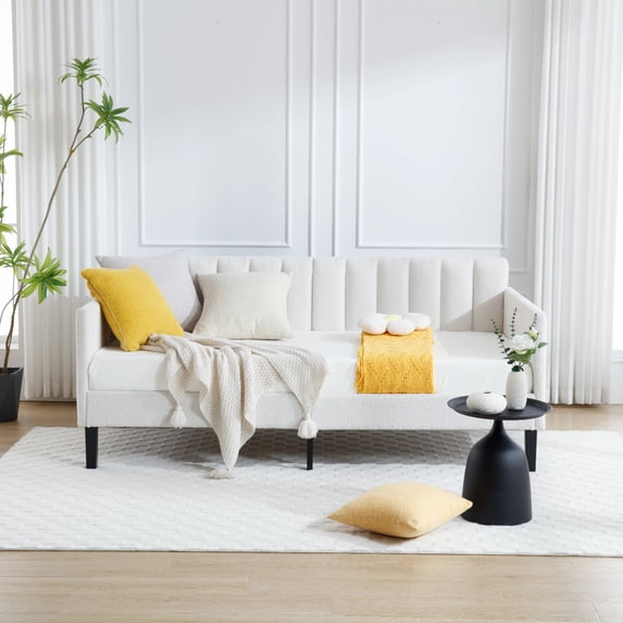 Twin Size Ivory Boucle Upholstered Daybed, Ribbed Tufted Backrest, Daybed in Lavish Modern Design, Richly Hued Foam Comfort
