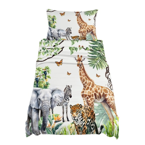 Twin Size Jungle Animals Sheet Sets Giraffe Zebra Elephant Tiger Hawaii Tropical Plant Soft Breathable Microfiber Bed Sheets 4 Piece Bed Sheets Set, 1 Fitted Sheet, 1 Flat Sheet & 1 Pillowcases