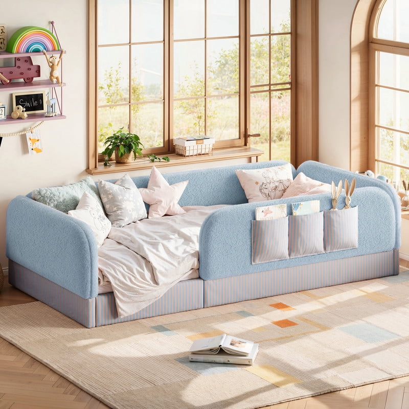 Twin Size Kid's Upholstered Floor Bed Frame, Montessori-Style Low Profile Platform Bed with Safety Guardrail & Storage Pockets
